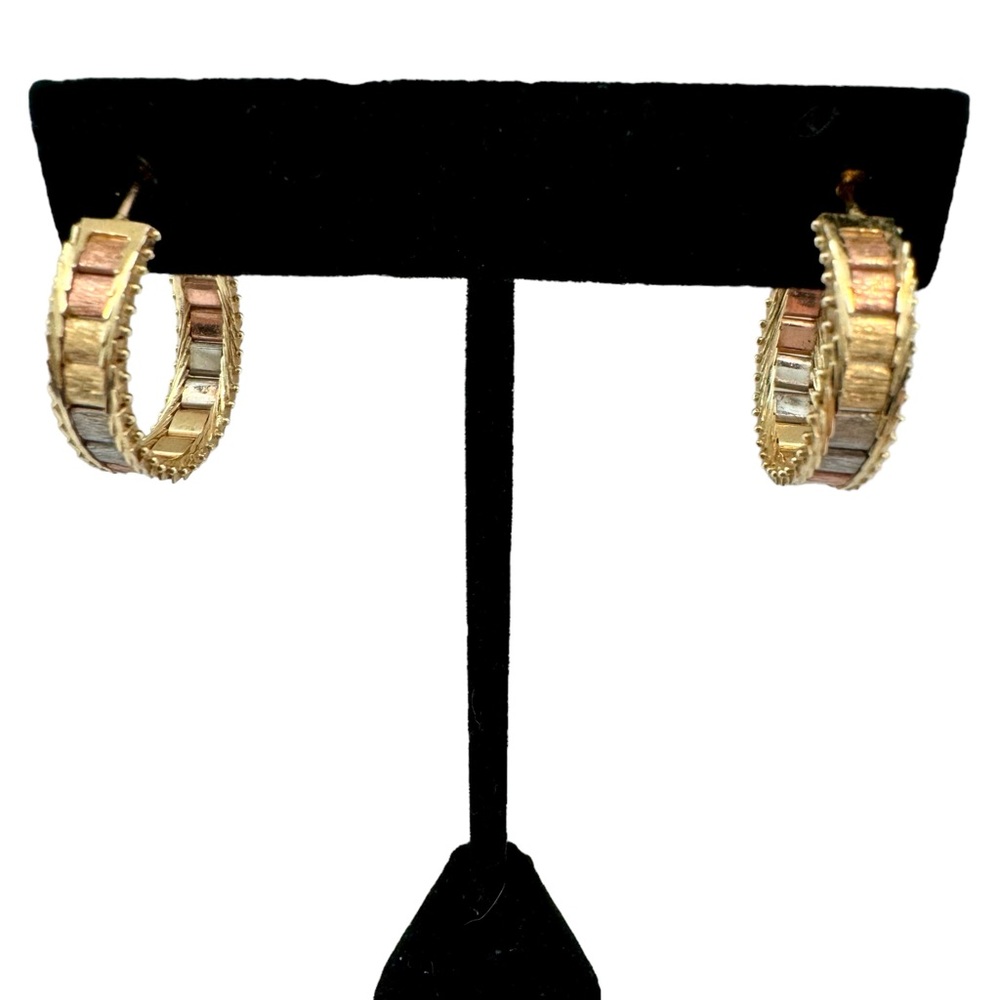 Flat Hoop Pierced Earrings in Tri-Color 14 Karat Gold - EUC
